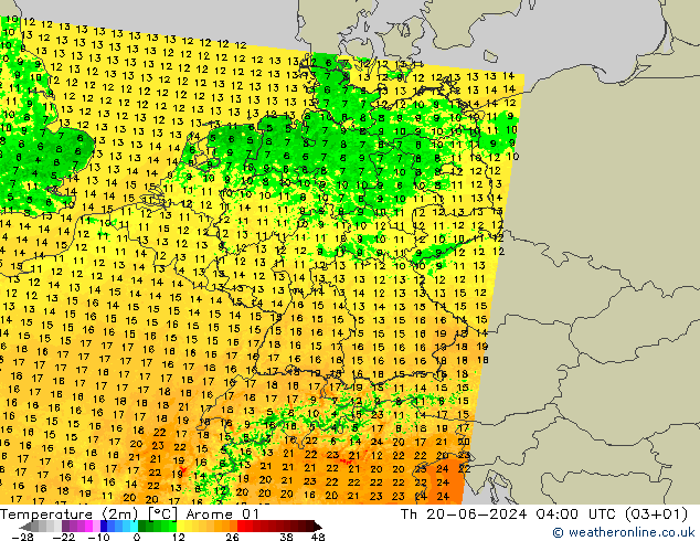 Temperature (2m) Arome 01 Th 20.06.2024 04 UTC