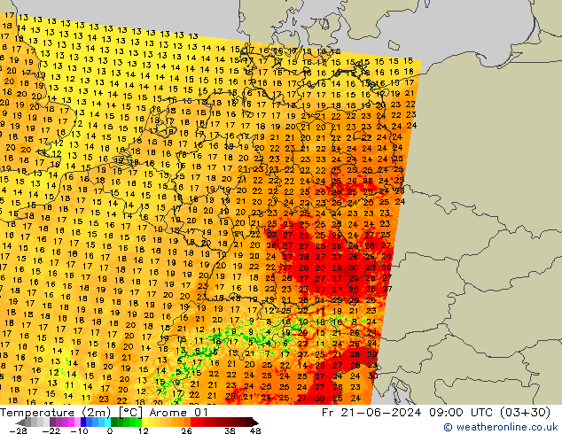 Sıcaklık Haritası (2m) Arome 01 Cu 21.06.2024 09 UTC
