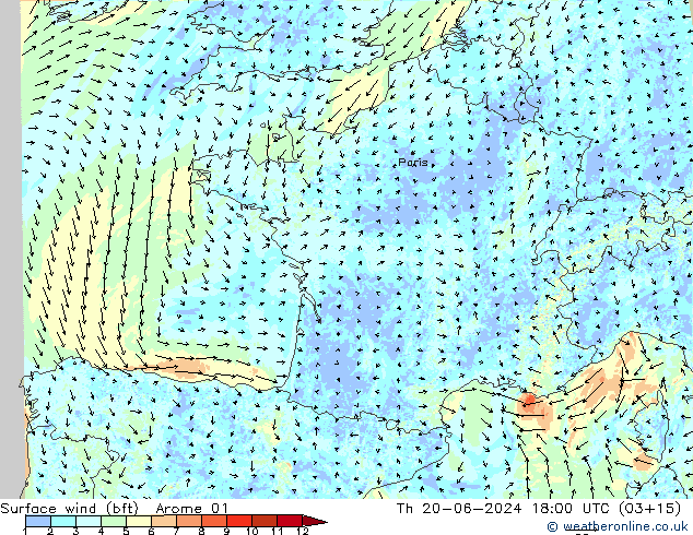 Wind 10 m (bft) Arome 01 do 20.06.2024 18 UTC