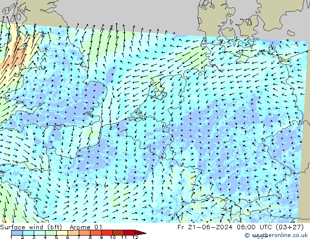 Wind 10 m (bft) Arome 01 vr 21.06.2024 06 UTC