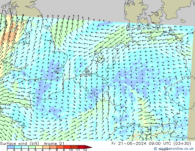 Surface wind (bft) Arome 01 Fr 21.06.2024 09 UTC