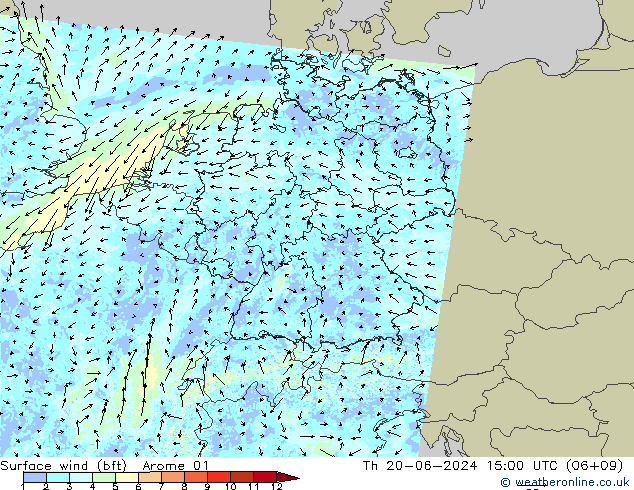 Wind 10 m (bft) Arome 01 do 20.06.2024 15 UTC