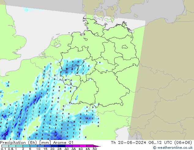Totale neerslag (6h) Arome 01 do 20.06.2024 12 UTC