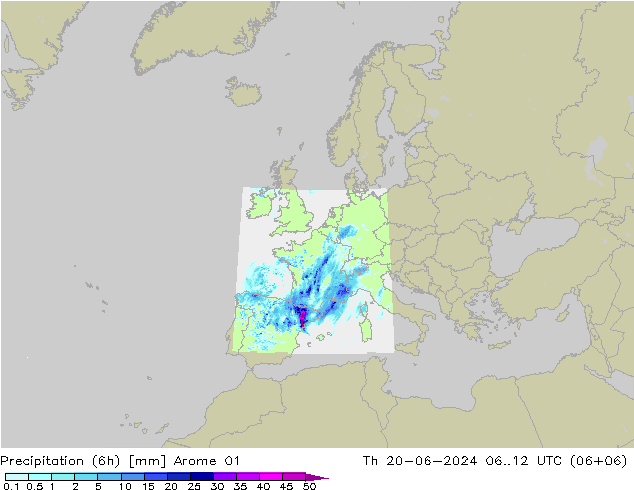 Precipitazione (6h) Arome 01 gio 20.06.2024 12 UTC