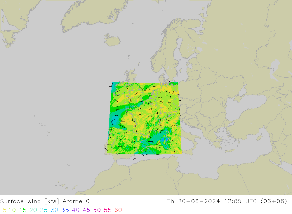 Viento 10 m Arome 01 jue 20.06.2024 12 UTC