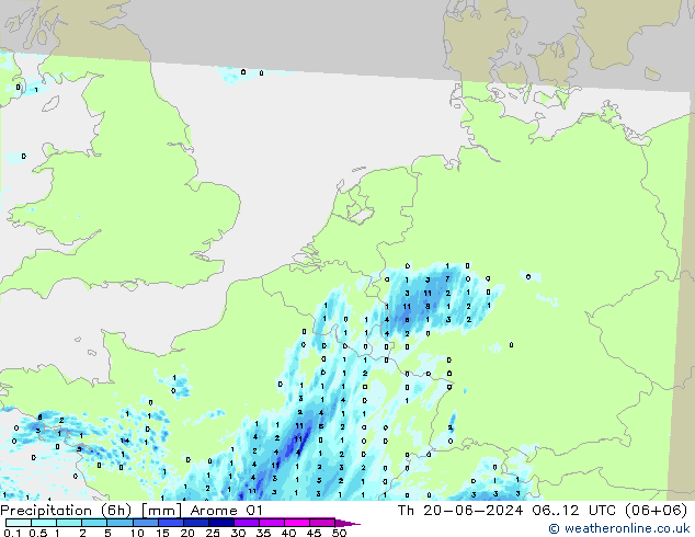 降水量 (6h) Arome 01 星期四 20.06.2024 12 UTC