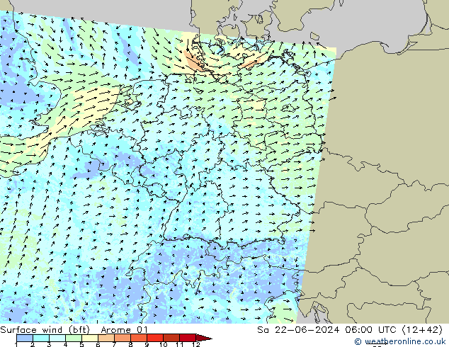 wiatr 10 m (bft) Arome 01 so. 22.06.2024 06 UTC