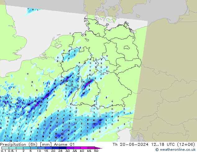 Precipitation (6h) Arome 01 Čt 20.06.2024 18 UTC