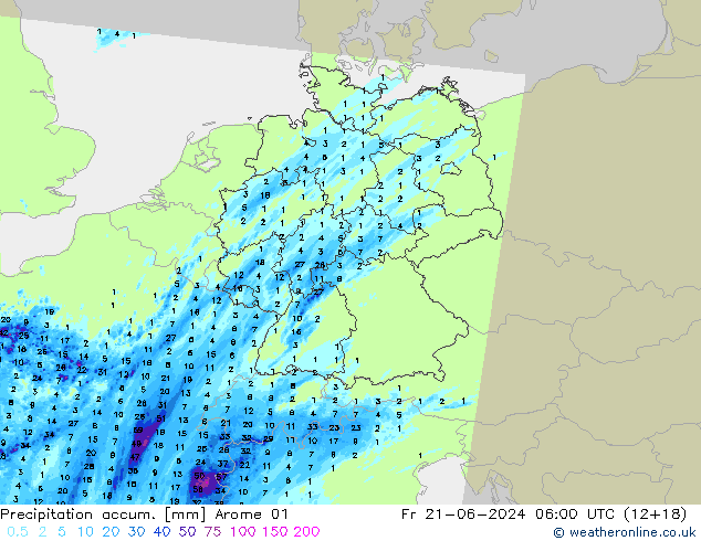 Totale neerslag Arome 01 vr 21.06.2024 06 UTC