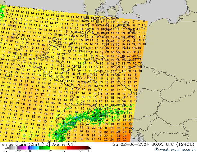 карта температуры Arome 01 сб 22.06.2024 00 UTC