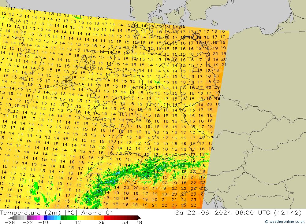 Temperature (2m) Arome 01 Sa 22.06.2024 06 UTC