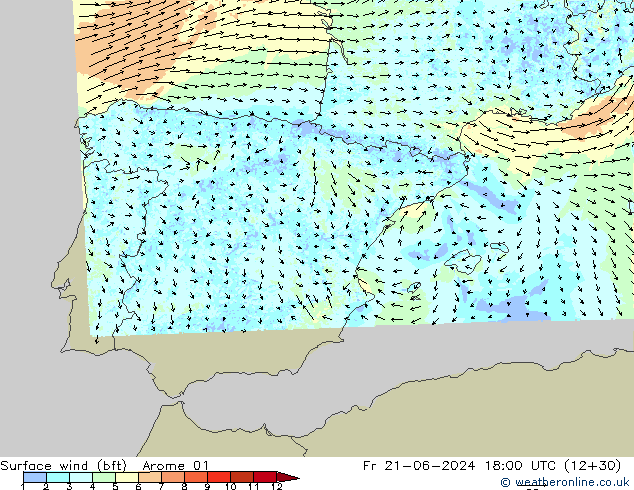 Surface wind (bft) Arome 01 Pá 21.06.2024 18 UTC