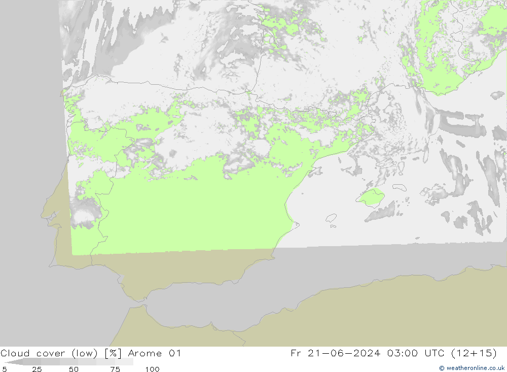 Cloud cover (low) Arome 01 Fr 21.06.2024 03 UTC