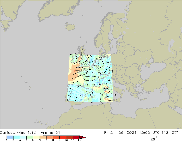 Surface wind (bft) Arome 01 Fr 21.06.2024 15 UTC