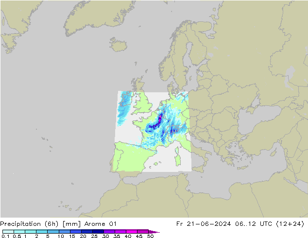 Precipitation (6h) Arome 01 Pá 21.06.2024 12 UTC
