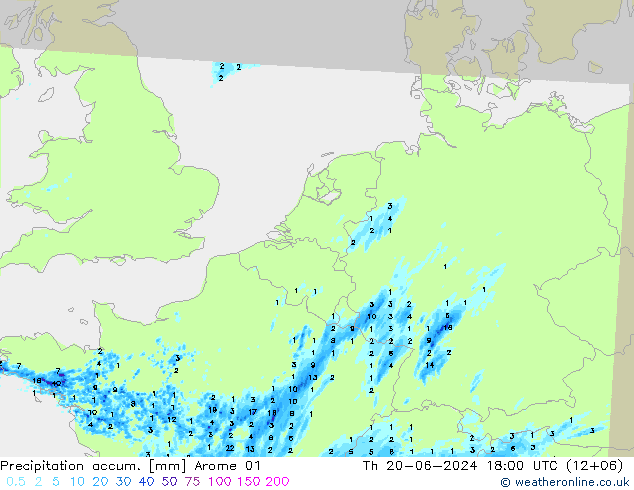 Precipitation accum. Arome 01 Čt 20.06.2024 18 UTC