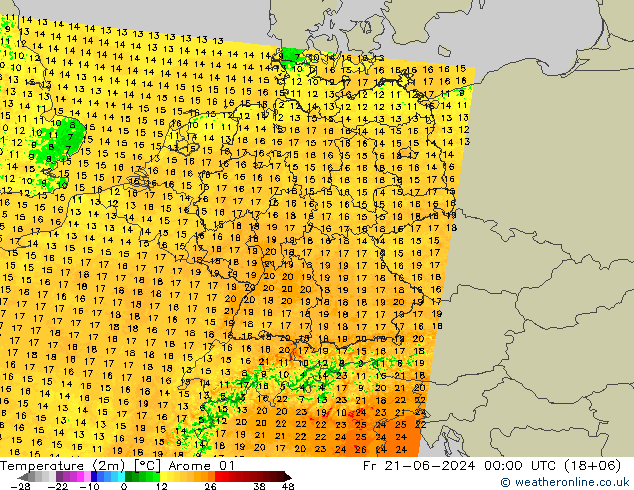 карта температуры Arome 01 пт 21.06.2024 00 UTC