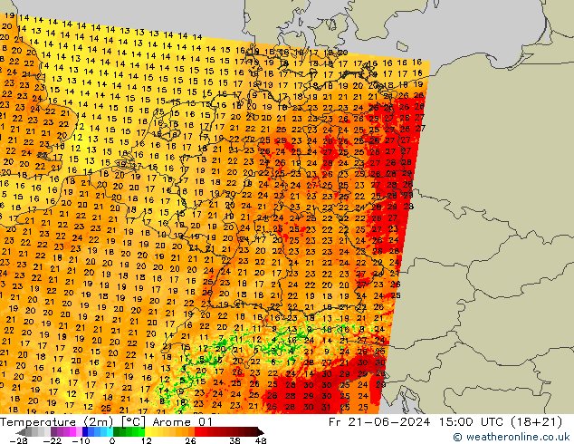 Temperaturkarte (2m) Arome 01 Fr 21.06.2024 15 UTC
