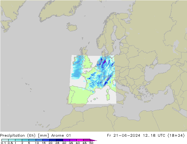 Precipitación (6h) Arome 01 vie 21.06.2024 18 UTC