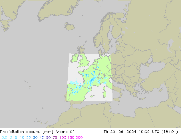 Precipitation accum. Arome 01 星期四 20.06.2024 19 UTC