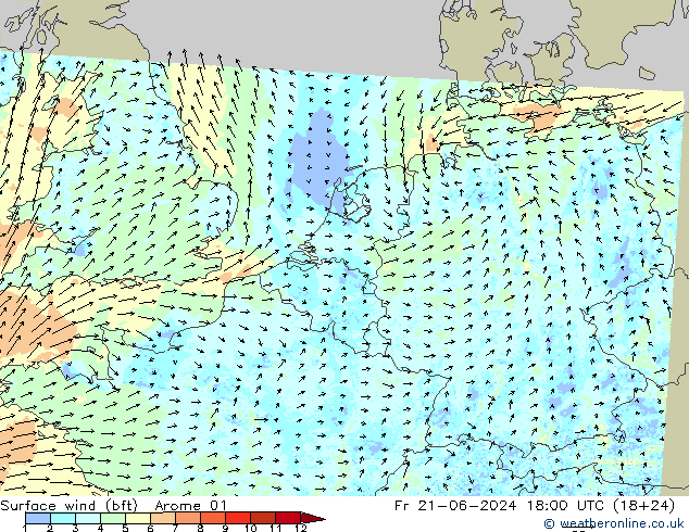 Bodenwind (bft) Arome 01 Fr 21.06.2024 18 UTC