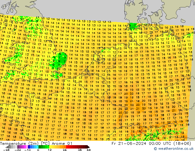 温度图 Arome 01 星期五 21.06.2024 00 UTC