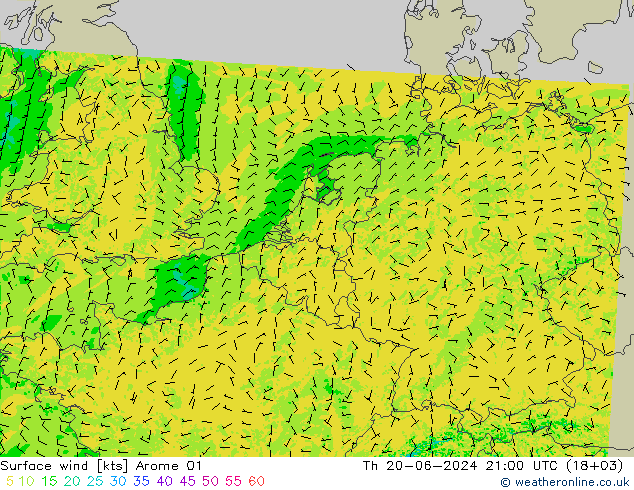 Surface wind Arome 01 Čt 20.06.2024 21 UTC