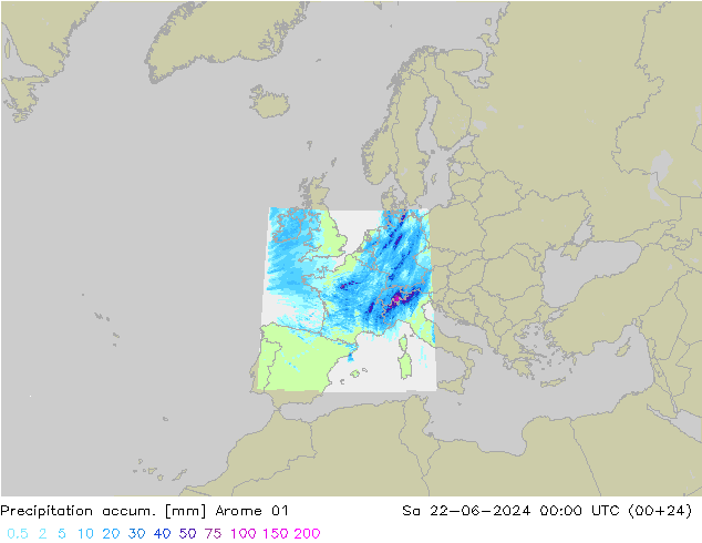Precipitación acum. Arome 01 sáb 22.06.2024 00 UTC