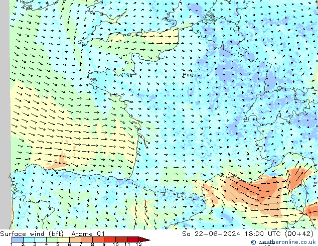 Surface wind (bft) Arome 01 Sa 22.06.2024 18 UTC