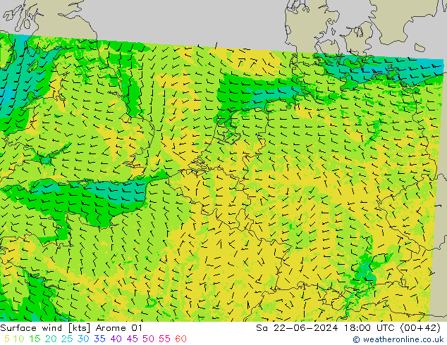 风 10 米 Arome 01 星期六 22.06.2024 18 UTC