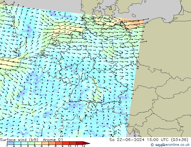 Wind 10 m (bft) Arome 01 za 22.06.2024 15 UTC