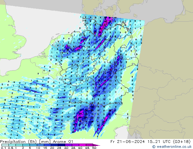 Precipitazione (6h) Arome 01 ven 21.06.2024 21 UTC