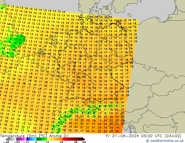 mapa temperatury (2m) Arome 01 pt. 21.06.2024 05 UTC