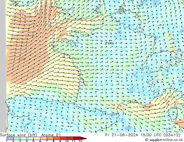 Surface wind (bft) Arome 01 Fr 21.06.2024 15 UTC