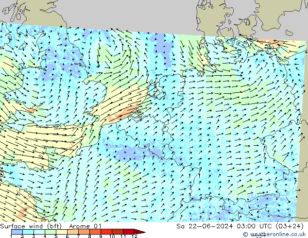 Surface wind (bft) Arome 01 Sa 22.06.2024 03 UTC