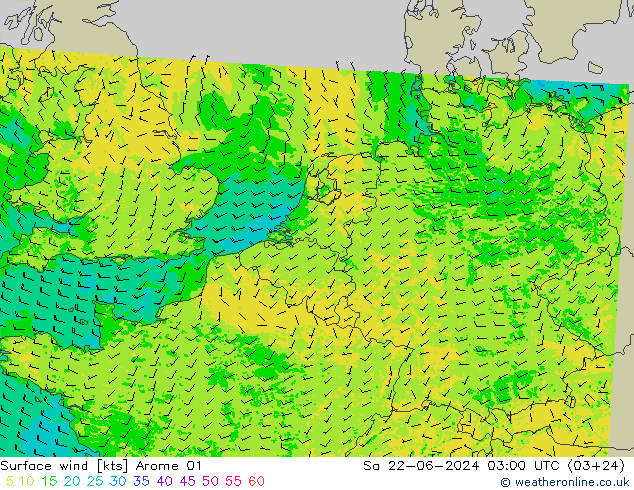 Vento 10 m Arome 01 sab 22.06.2024 03 UTC