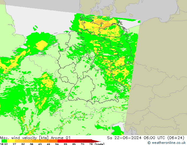 Max. wind velocity Arome 01 Sáb 22.06.2024 06 UTC