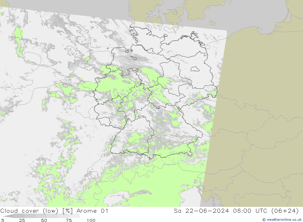 Cloud cover (low) Arome 01 Sa 22.06.2024 06 UTC