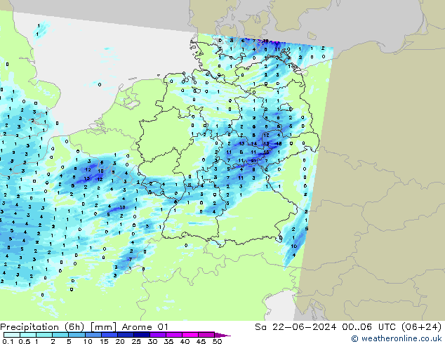 Precipitation (6h) Arome 01 So 22.06.2024 06 UTC