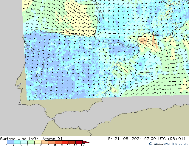 Viento 10 m (bft) Arome 01 vie 21.06.2024 07 UTC