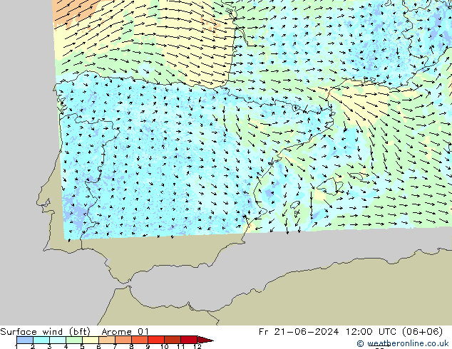 ве�Bе�@ 10 m (bft) Arome 01 пт 21.06.2024 12 UTC