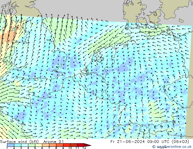 Surface wind (bft) Arome 01 Pá 21.06.2024 09 UTC