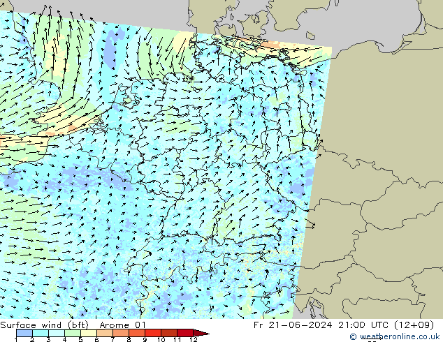 Surface wind (bft) Arome 01 Fr 21.06.2024 21 UTC