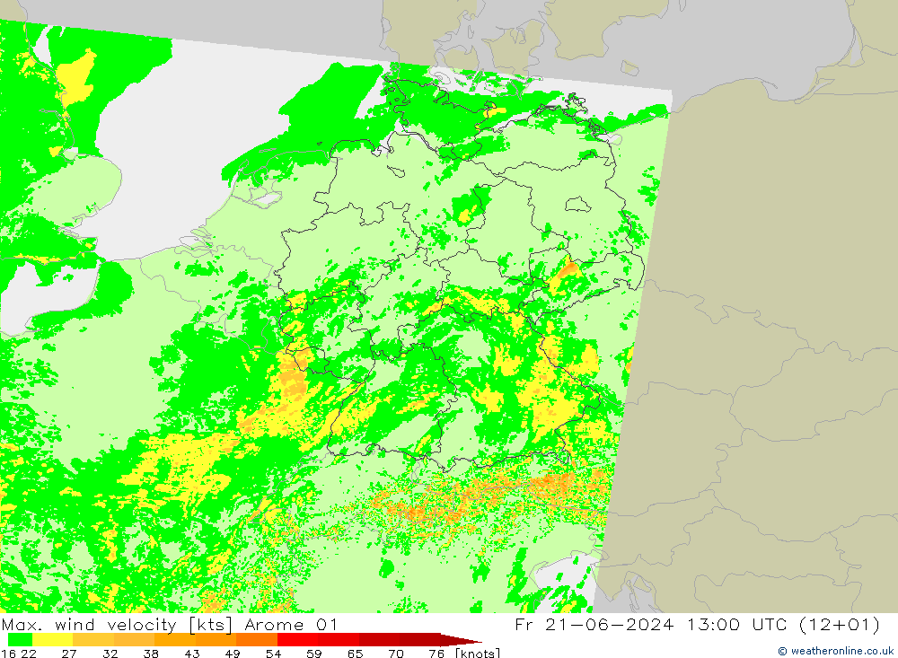 Max. wind velocity Arome 01 星期五 21.06.2024 13 UTC