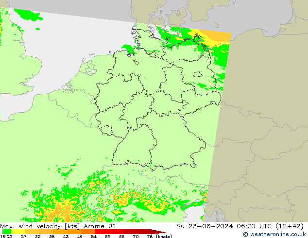 Max. wind velocity Arome 01 dom 23.06.2024 06 UTC