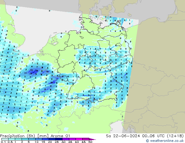 Totale neerslag (6h) Arome 01 za 22.06.2024 06 UTC