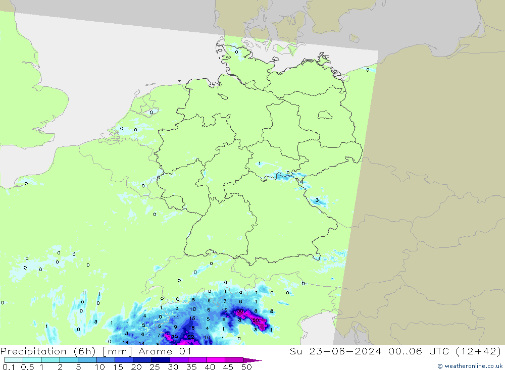 降水量 (6h) Arome 01 星期日 23.06.2024 06 UTC