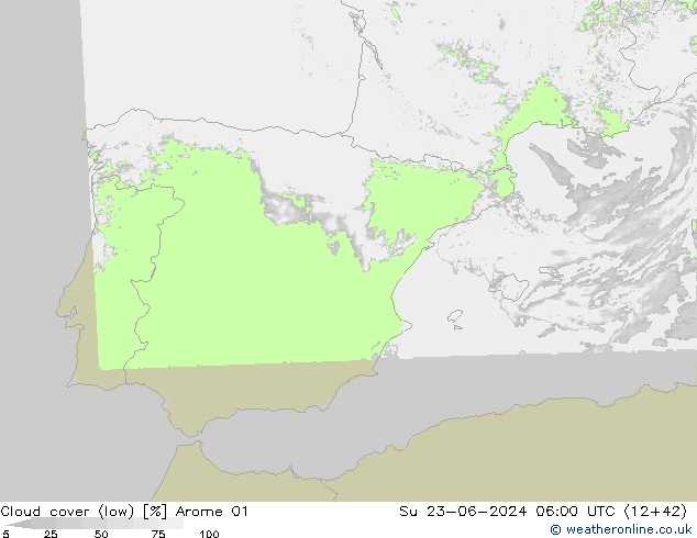 Cloud cover (low) Arome 01 Su 23.06.2024 06 UTC