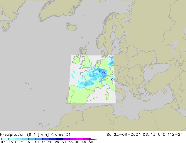 Precipitación (6h) Arome 01 sáb 22.06.2024 12 UTC