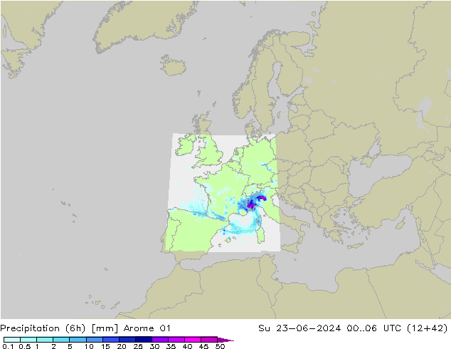 Totale neerslag (6h) Arome 01 zo 23.06.2024 06 UTC